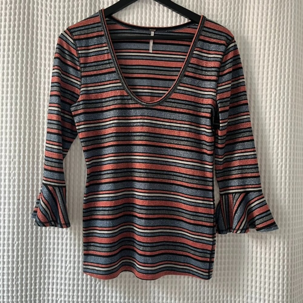 Free People Surprise Party metallic striped top with 3/4 bell sleeves